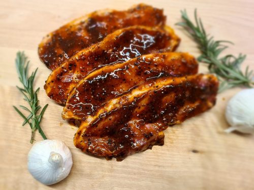 Black garlic pork steaks